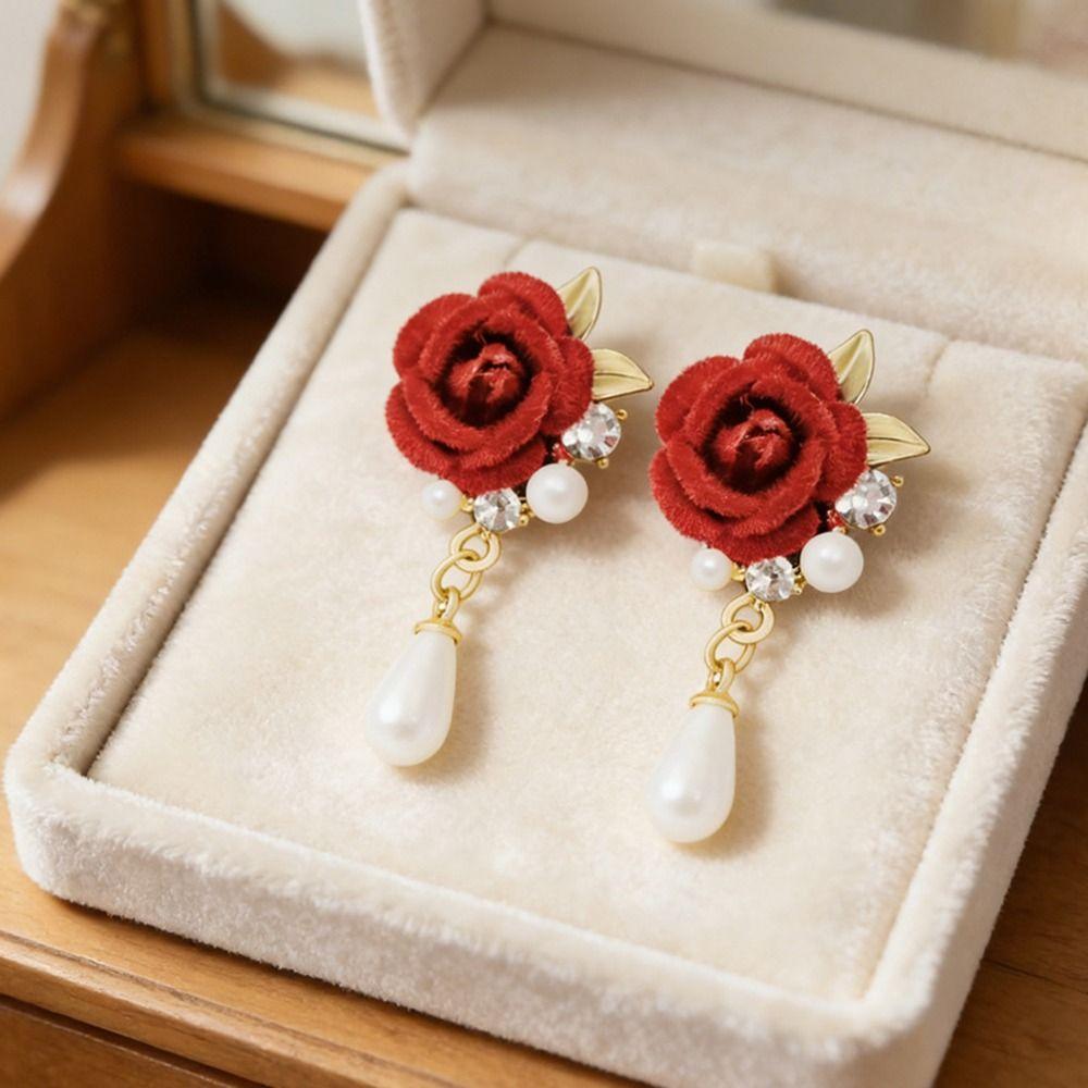 1Pairs Rose Flower Decorative Earrings Red Velvet Rose Pearl Stud Earrings  Wedding Jewelry