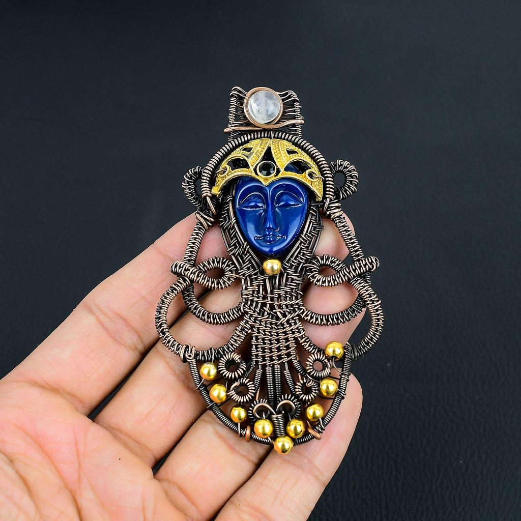 Carved Blue Face & Moonstone Jewelry, 999 Copper Wire Wrapped Pendant Handmade Gemstone Jewelry, Gifts For Wife Brand New Pendant