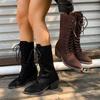 2025 Autumn L New Pointed Head Suede Mid-calf Boots for Women Black Coffee Chunky High Heels Women's Shoes Front Lace Up Boats