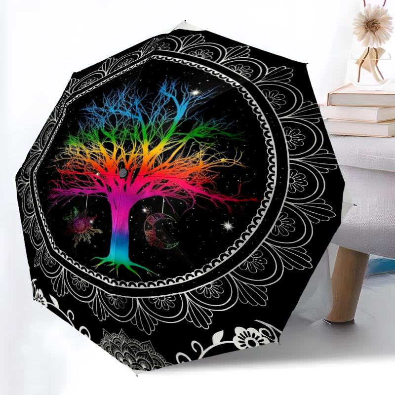 1pc Ocean Life Combination Pattern Sturdy 8-Bone Auto Umbrella, Bright Umbrella, Digital Printed, Foldable Umbrella for On-the-Go Outdoor Use