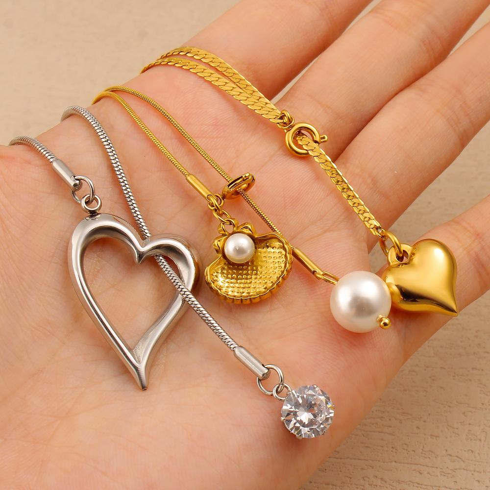 18K Gold Pearl Heart Pendant Zircon Y-Shaped Long Necklace, Double Layer Stackable Titanium Steel