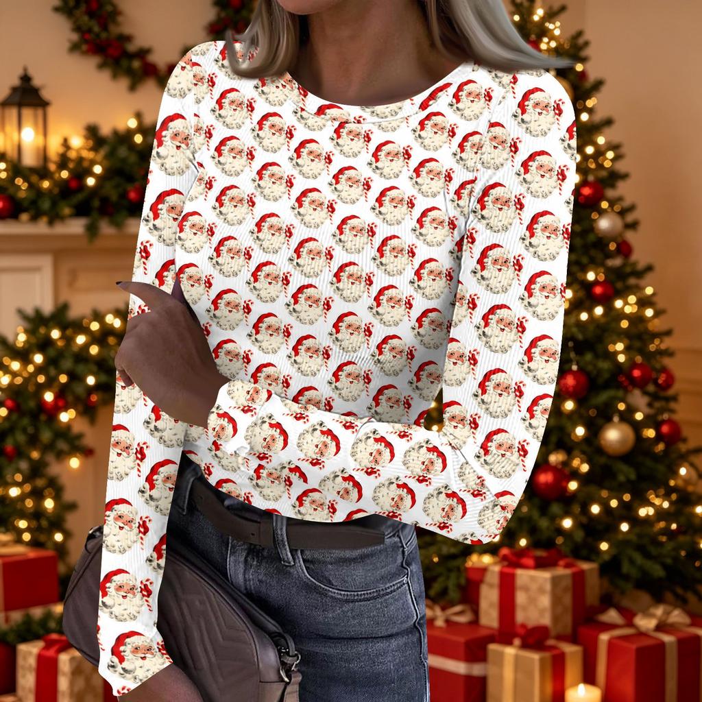 Women's Casual Christmas Print Long Sleeve Top for Holiday Party and Everyday Wear