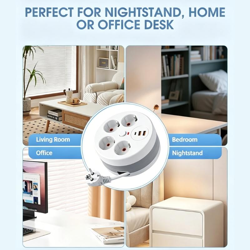 Power Extension Block Intelligent Design 4 Outlet 3 USB Charging Port 280Cm Adjustable Length Cable with Protections