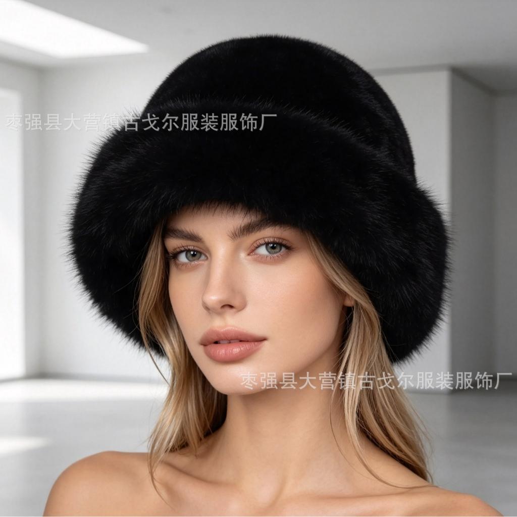 Autumn and winter imitation mink hat women's winter high sense versatile plush bucket hat big head circumference warm ear protection Mongolian hat