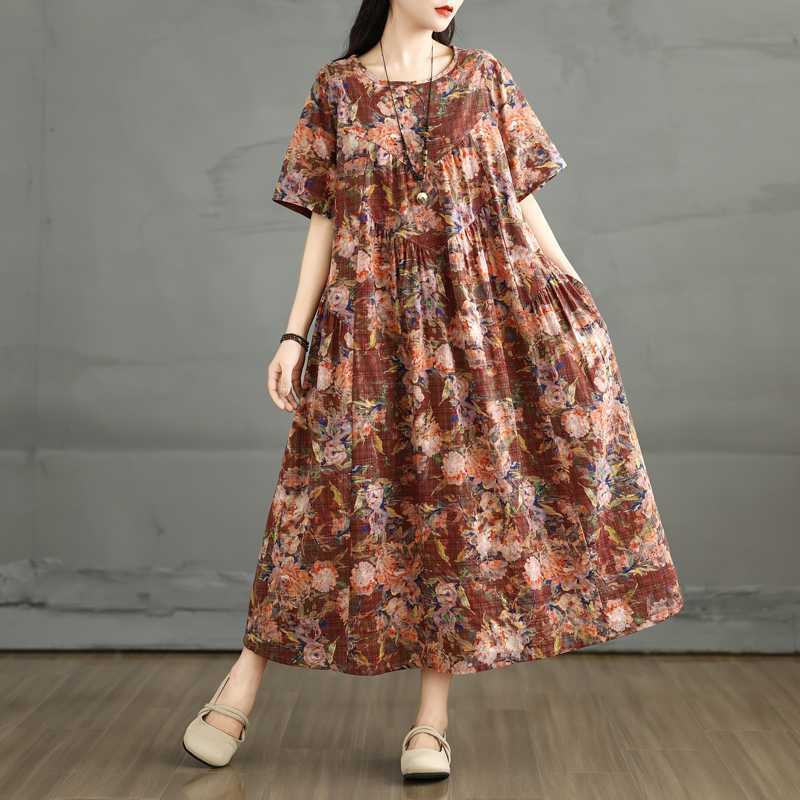 Summer Retro Cotton and Linen Round Neck Short Sleeved Dress, Women's Loose Skirt