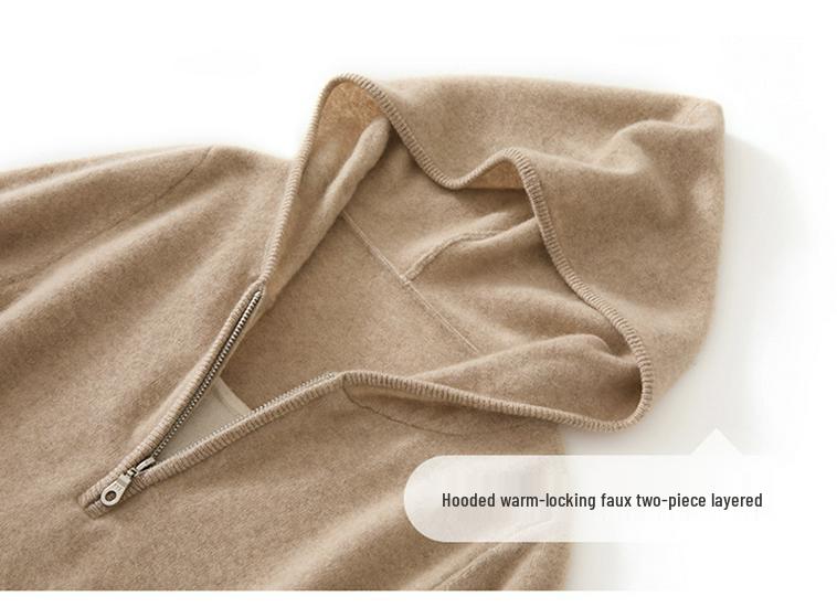 Women's Faux Two-Piece Hooded Cashmere Cardigan - Autumn/Winter Knit Outerwear Sweater