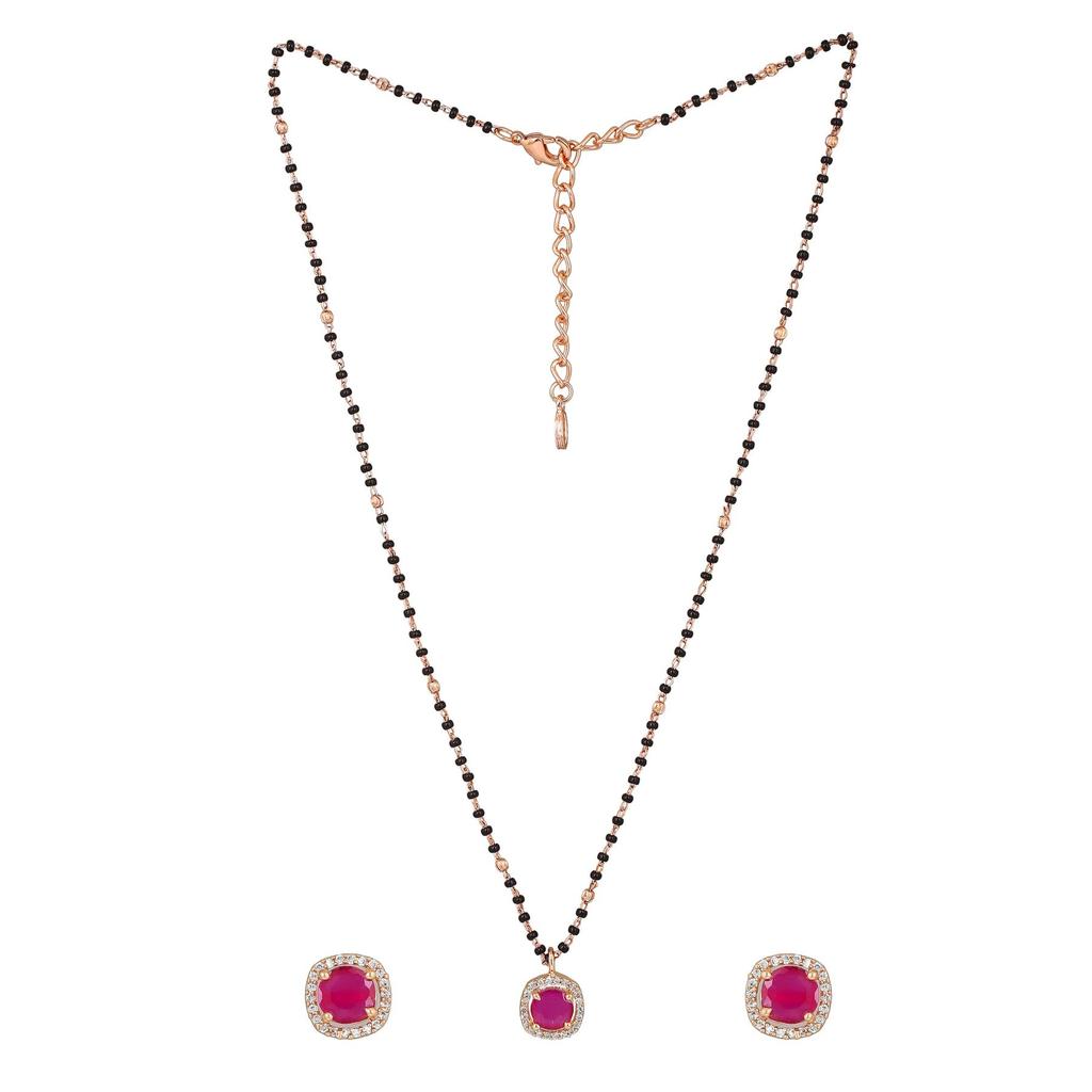 Estele Sparkling Rose Gold Square Necklace with CZ Designer Mangalsutra Square Necklace Set with Ruby Stones for Women