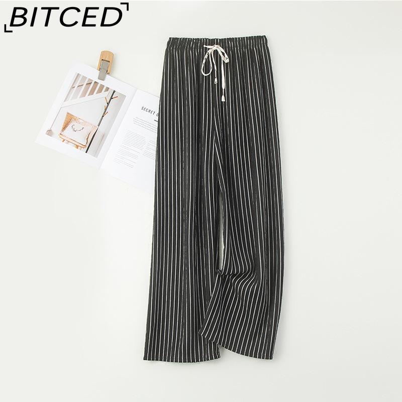 BITCED Women's Wide-Leg Trousers - Spring/Autumn Slimming High-Waisted Drapey Vertical Stripe Casual Trousers