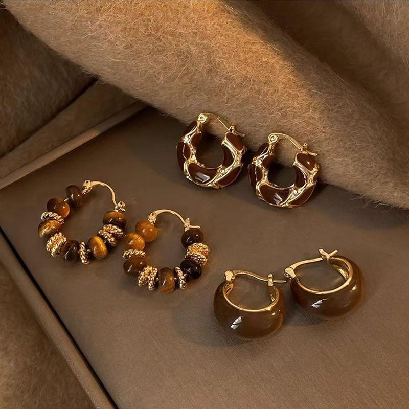 Vintage Brown U-shaped Earrings for Women Girl Simple Coffee Color Round Beaded Hoop Earrings Temperament Wedding Bride Jewelry