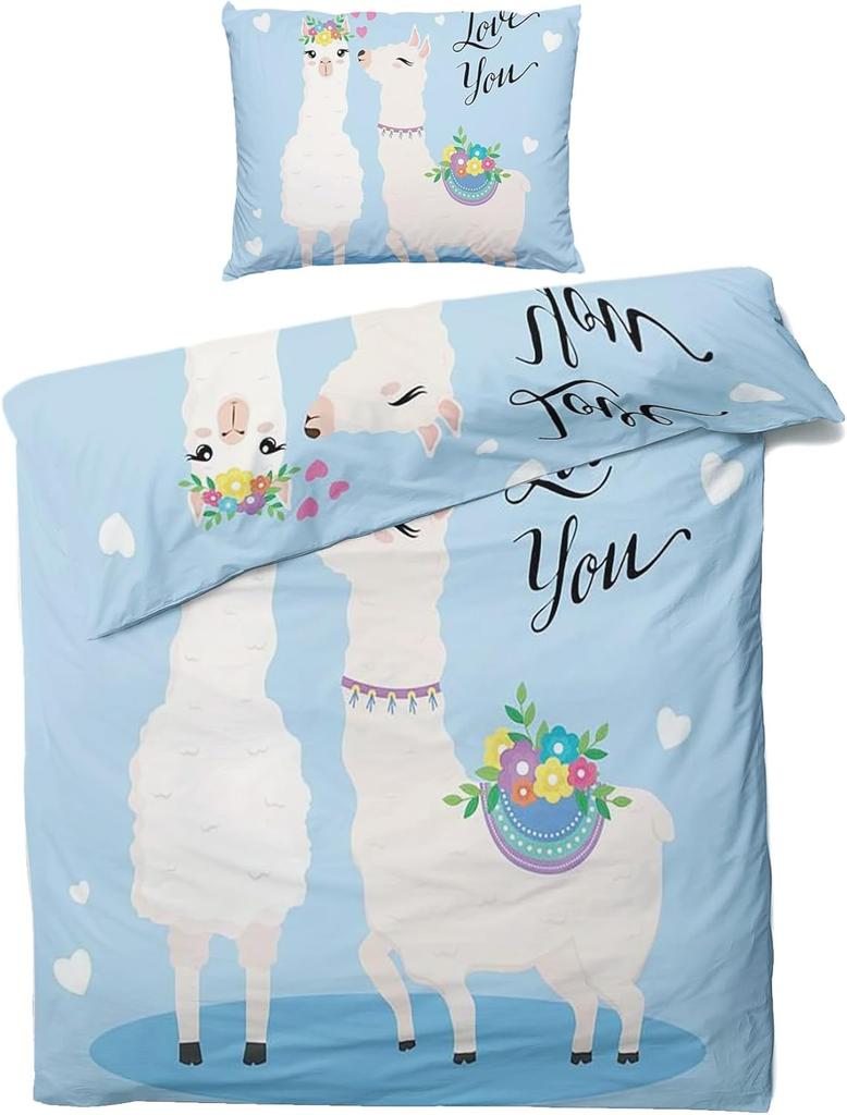 Cute Llamas Duvet Cover Set,Kawaii Alpaca BeddingSet 2pcs for Kids Girl Bedroom Decor,Cartoon Animal Quilt Cover with Pillowcase