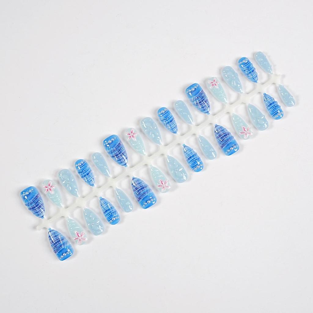 30pcs Handmade Blue & White Gradient Wearable Nails with 3D Pink Flower & Shell Pearl