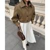 Women Pleated Lapel Pilot Jacket Loose Long Sleeve Casual Khaki Coat