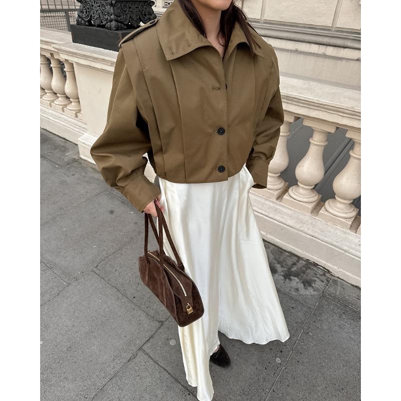 Women Pleated Lapel Pilot Jacket Loose Long Sleeve Casual Khaki Coat