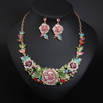 Color Flower Rhinestone Clavicle Necklace Earrings Set Light Luxury Women'S Dress Accessories