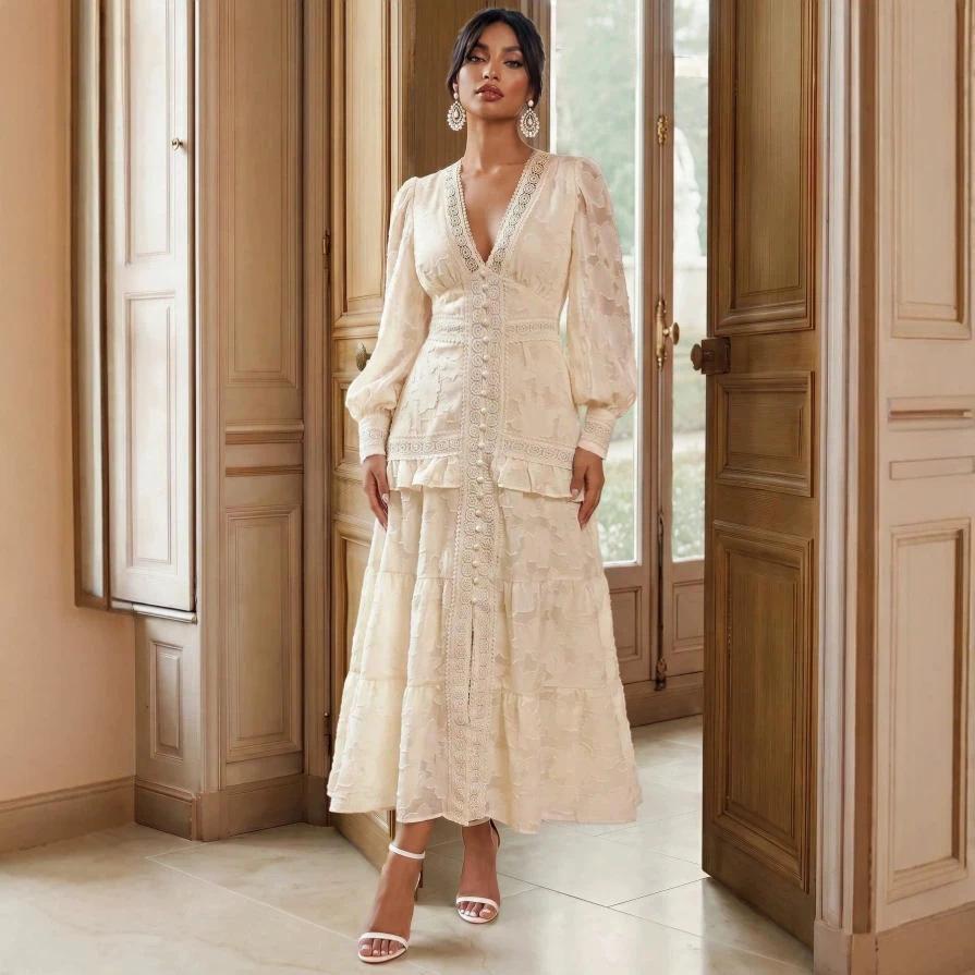 2026 Europe, America, Station French Vintage Lace Embroidery V-Neck Bubble Sleeve Layered Cake Skirt
