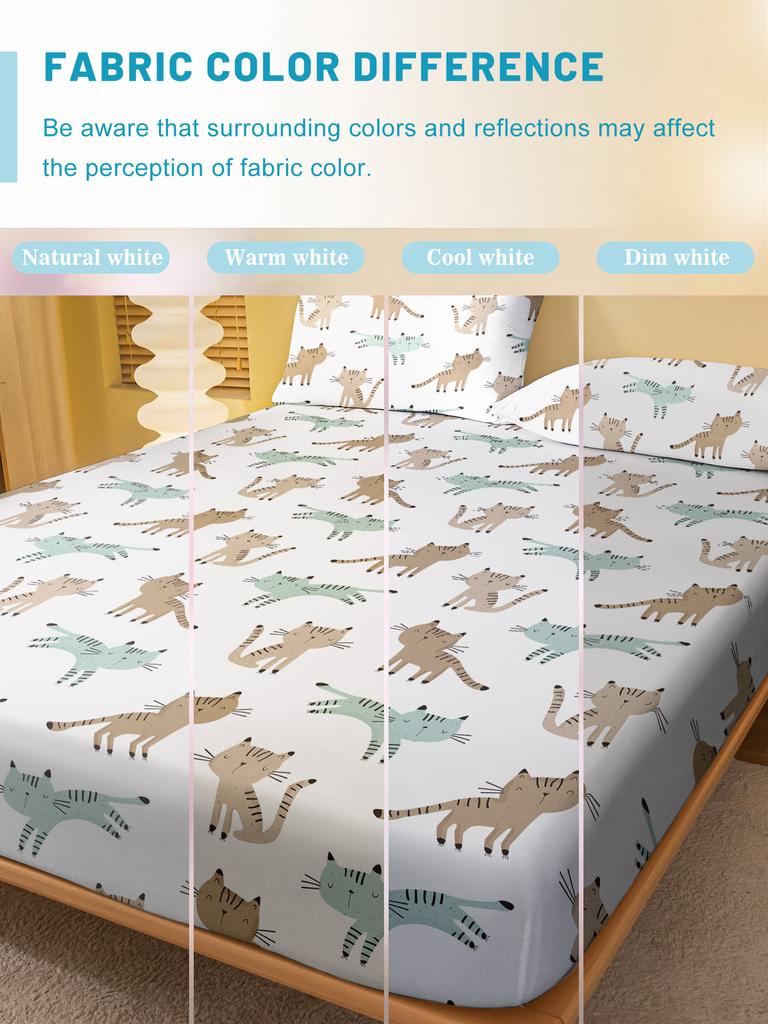 1 Cartoon Cute Animal Cat Printed Matte Fitted Sheet, Bedroom Printed Bed Cover, Bedding (Excluding Pillowcases)