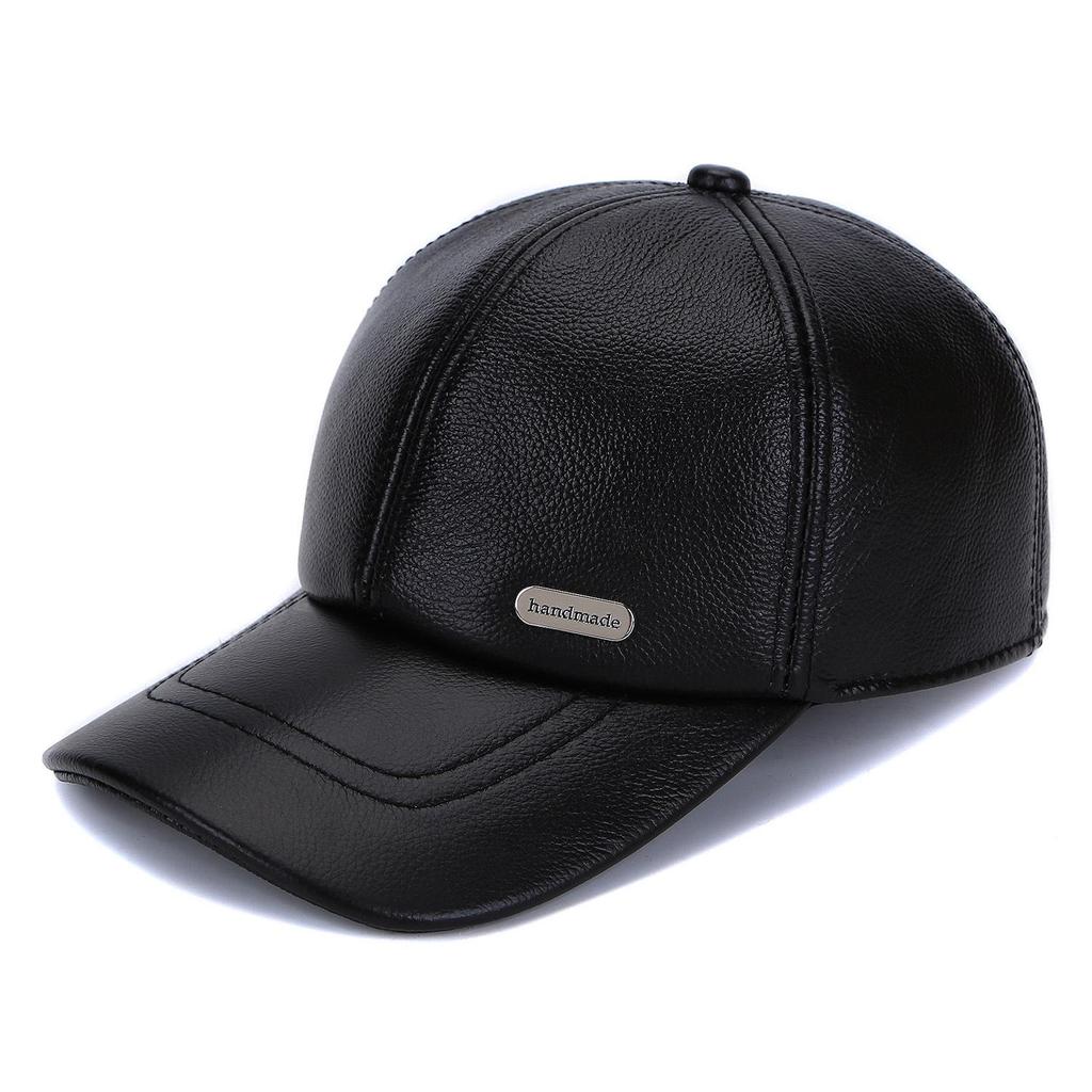 Genuine Leather Cowhide Baseball Cap with Ear Flaps, Adjustable Fleece-Lined Winter Duckbill Hat for Middle-Aged and Elderly Men.