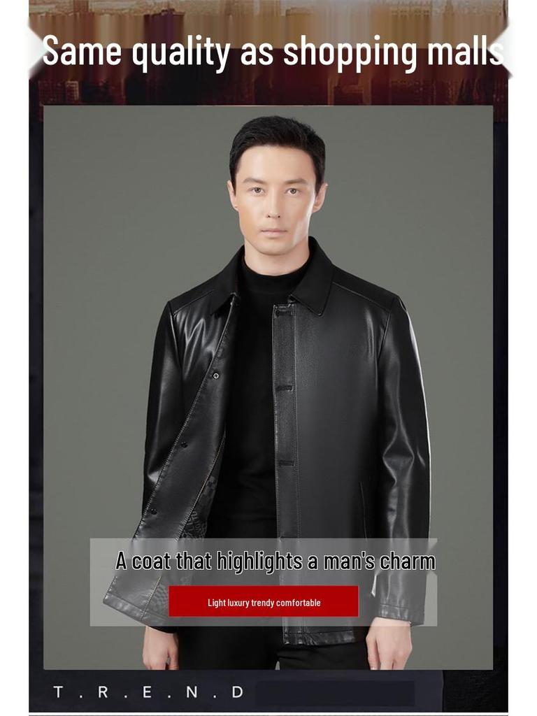 Men's Genuine Sheepskin Lapel Coat - Winter 2025 Single-Breasted Leather Jacket with Plush Lining for Middle-Aged Dads