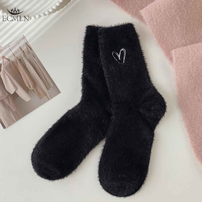 Women's Mink Velvet Socks Mid-tube Autumn and Winter Plush Thickened Socks Furry Love Black and White Sleep Plush Socks