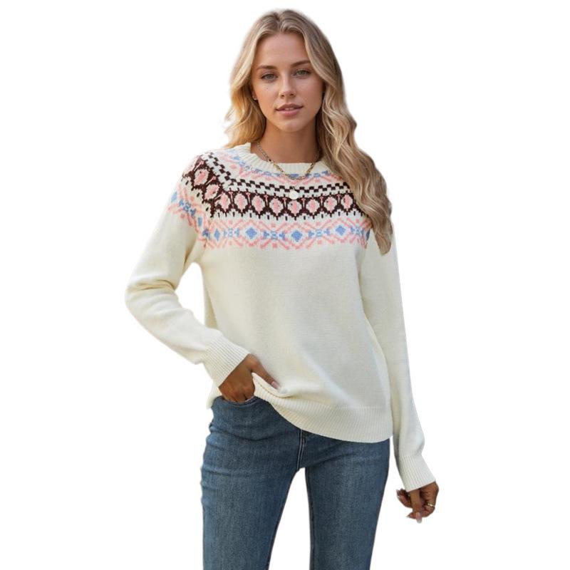 Ladies Autumn Winter Long Sleeve Round Collar Pullover Color Matching Warm Knitted Sweater Knitwear Top