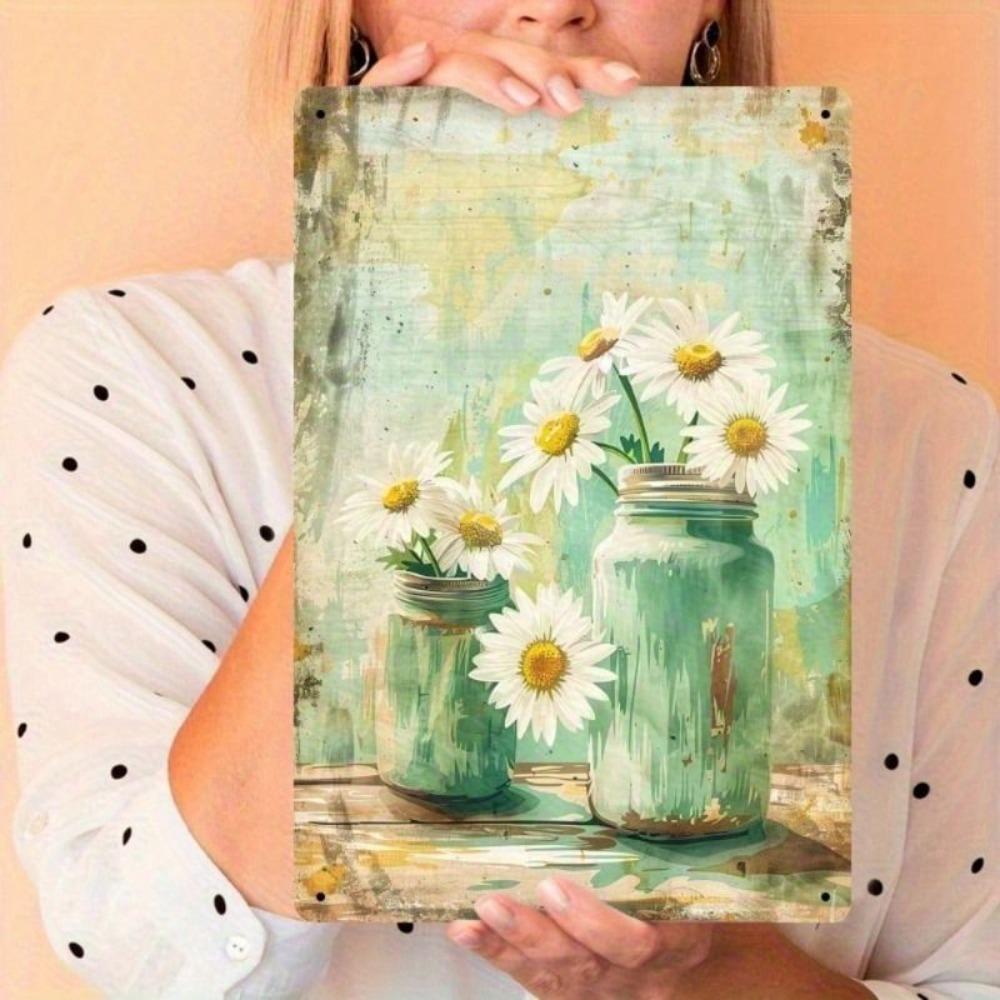 Tin Sign Daisy Flower in Glass Jar Wall Art Home Decor Metal Painting