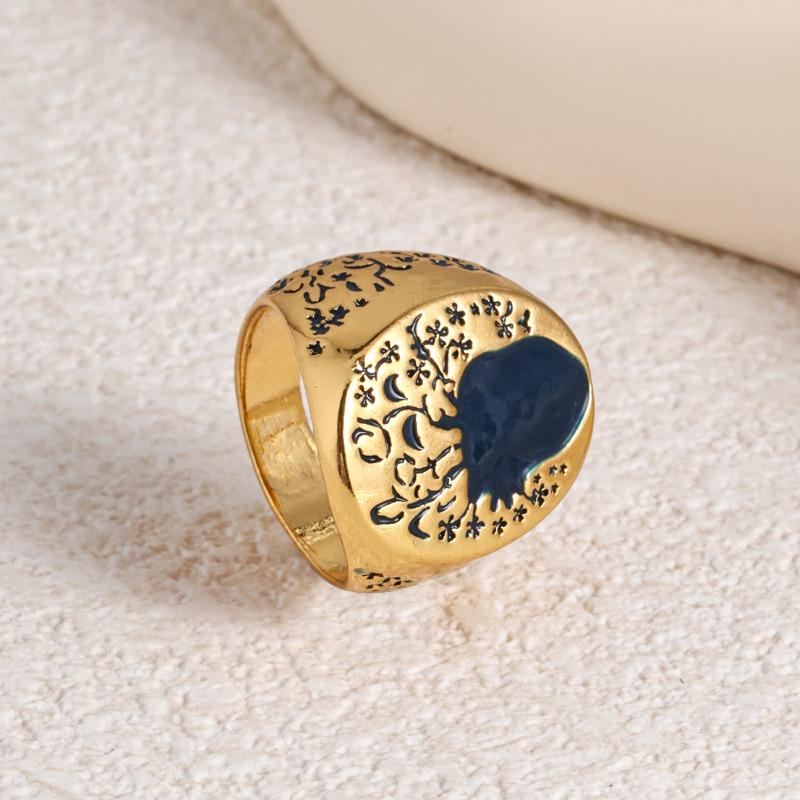Huajie Retro Gold Color Metal Carving Flower Stamp Rings for Women Classic Banquet Ring  Trend