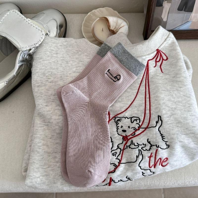 Women's New Fall Color Embroidery Cute Cartoon Dachshund Preppy Boneless Tube Pile Socks