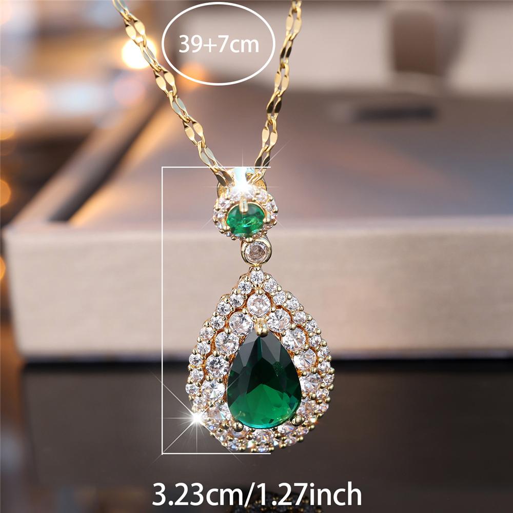 Luxury Female Crystal Green Red Zircon Stone Water Drop Pendant Necklace Vintage Silver Color Wedding Jewelry For Women