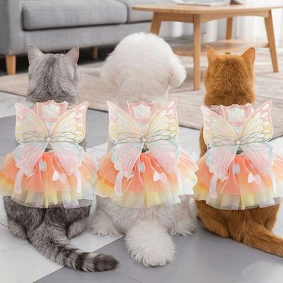 Cute Rainbow Butterfly Cat Dog Dresses Lace Tulle Tutu Princess Dress Lightweight Breathable Pet Sling Dress For Kitten Puppie