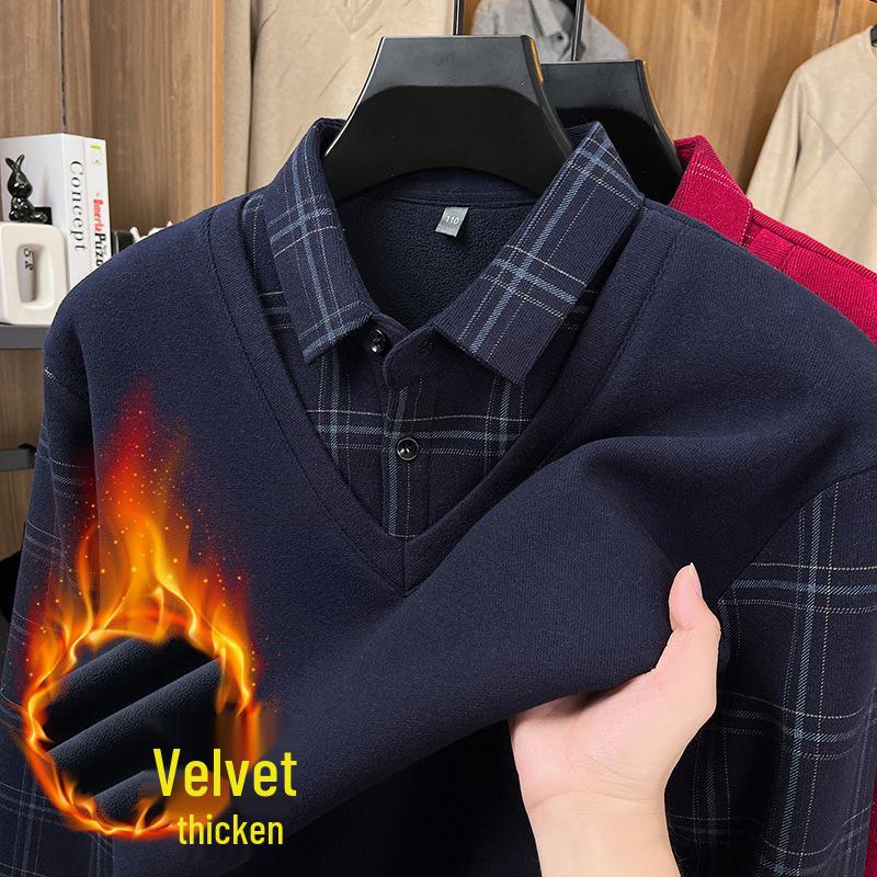 Men's 2025 Winter Plus Velvet Faux Two-Piece Lapel Knitwear for Middle-Aged & Elderly Dads