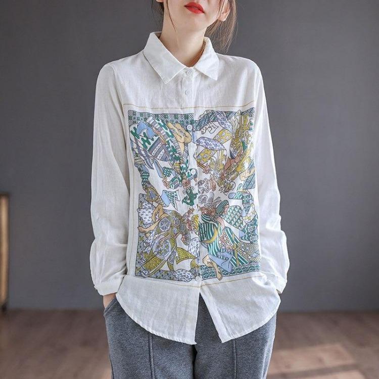 Vintage Floral Print Chinese Style Blouse Women Loose Long Sleeve Shirt Turndown Collar Casual Autumn Top