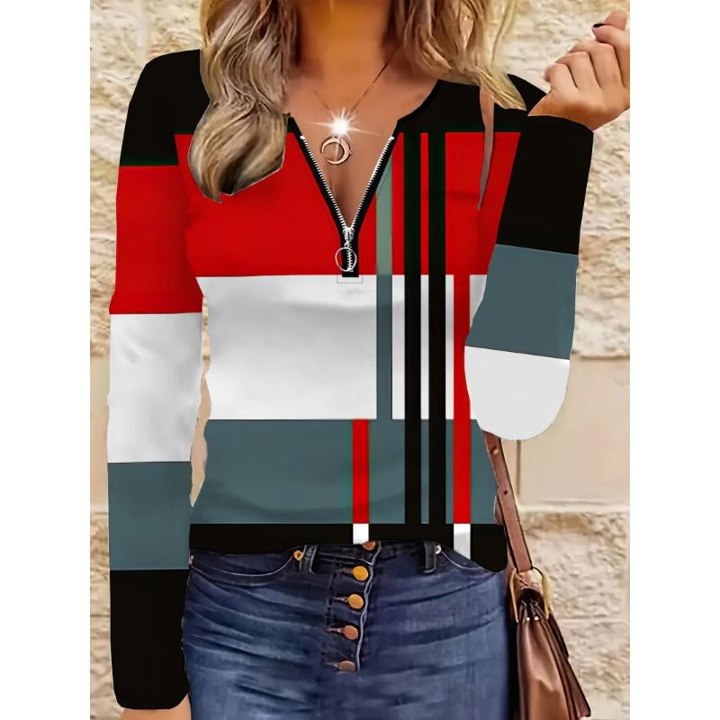 Women's Contrasting Color Geometric Print Zipper Top - Long-sleeved V-neck, Slim Fit, Suitable for Daily Commuting/casual Occasions