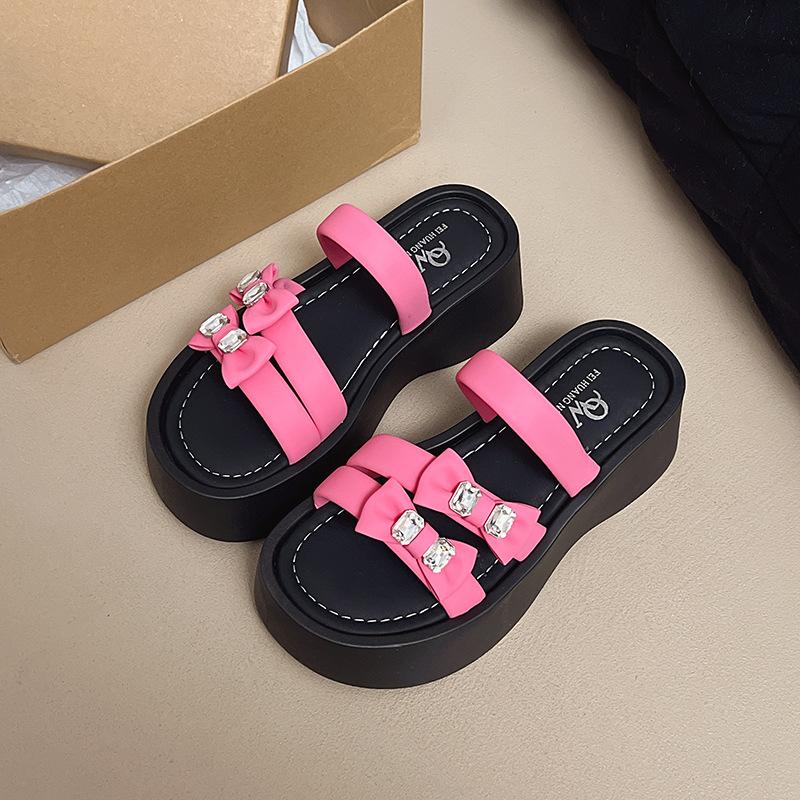 

Bow outer wear one-word drag women s new summer thick-bottomed rhinestone muffin with cool slippers 40 розы красного