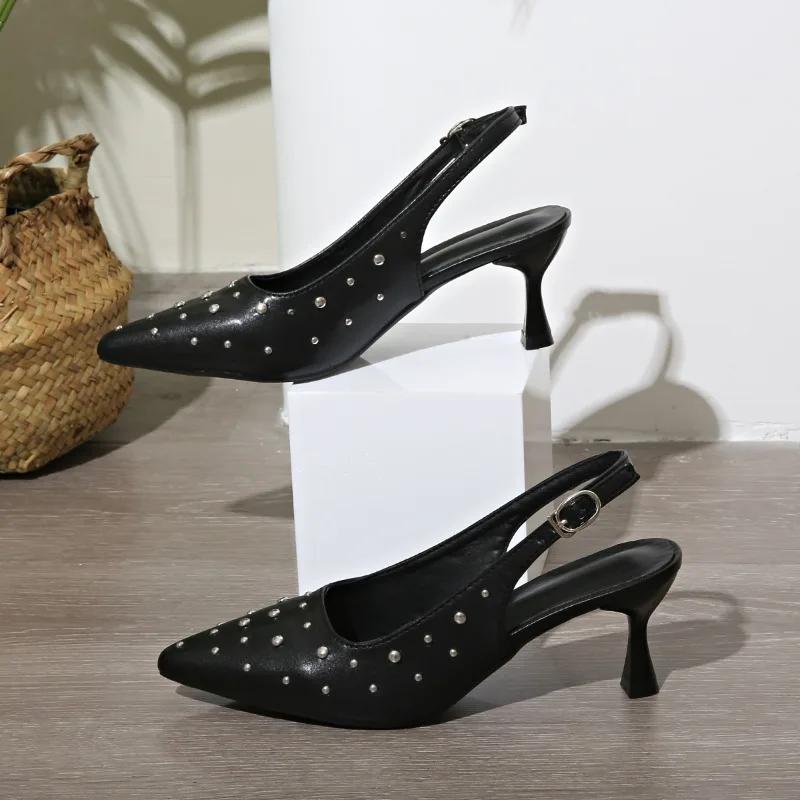 2025 Women's Shoes Slingbacks Women's High Heels Plus Size Dress Pumps Women Rivet Pointed Toe Buckle Strap Thin Heels Sandals