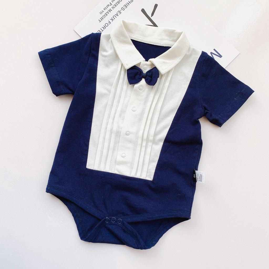 Unisex Korean Style Baby Summer Romper with Bowtie - Boys & Girls Short Sleeve Gentleman Bodysuit 73cm