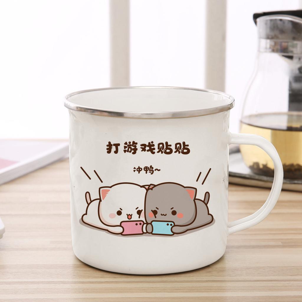 New Peach and Goma Cat Enamel Coffee Tea Cup Cute Animal Breakfast Dessert Milk Water Cup Couple Gift Original Breakfast Cups