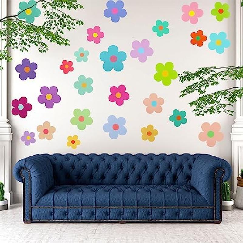 63 Pieces Flower Stickers, Colorful Wall Decals for Girls Room, DIY Self-Adhesive Boho Wall Art for Nursery, Bedroom Decor