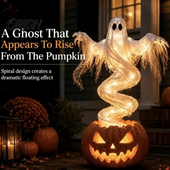 Indoor Outdoor Seasonal Props Ghost Pumpkin Yard Lamp, Halloween Resin Figurine with Warm LED Light, Small Figurines for Party Spooky Swirling