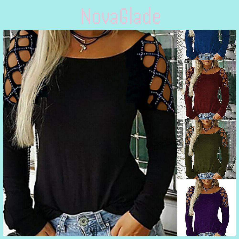Plain Long Sleeve T Shirt With Embellished Rhinestones For Women Fashion