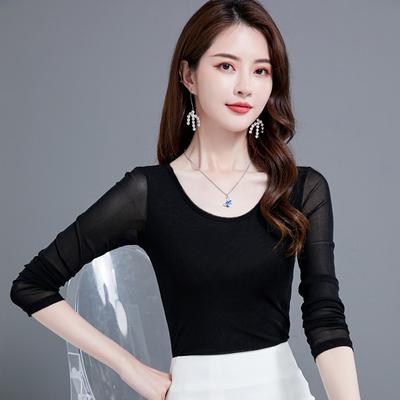 Korean Mesh Print Temperament Women's Mesh Bottom Women's Long Sleeve T-shirt Inner Shirt Glitter Silk Top Comfortable High Quality Unique Clothes