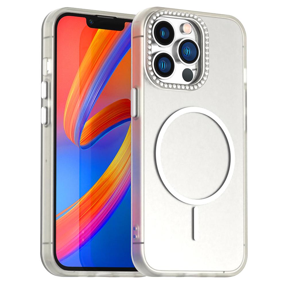

For iPhone 13 Pro Case Compatible with MagSafe TPU+PC+PET Phone Cover Rhinestone Decor Lens Frame White