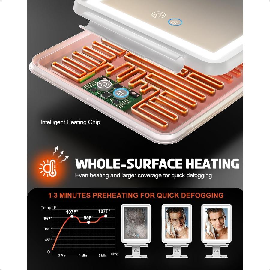 Heated Shower Mirror Fogl for Shaving 3 Color Dimmable Lights Shower Mirror Fogl Rechargeable AntiFog Shaving Mirror with Razor