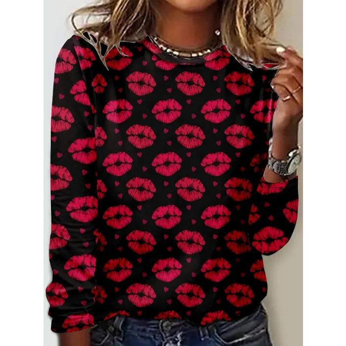 Rundhals 3D-bedrucktes Liebesmuster Top Modische Lässige Langarm Damen T-Shirts