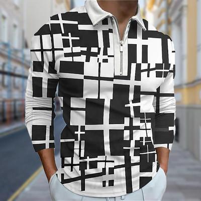 Polo Shirts Men Long Sleeve Irregular Lines Print New Men's Polo Shirt Long Sleeve Zipper T-shirt Top