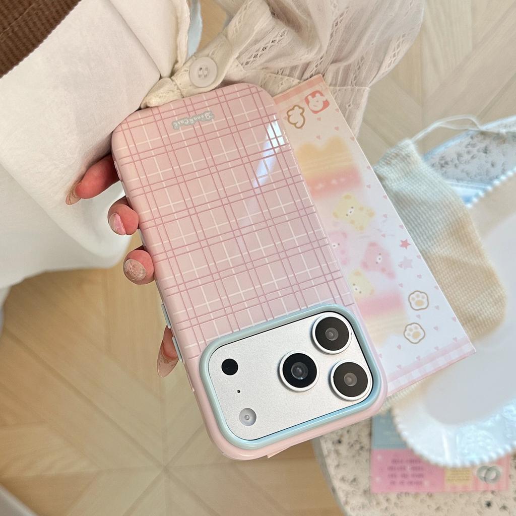 Love mirror bracket Apple 17pm mobile phone case iphone16 is suitable for 15 high value 14 soft 17 fresh plaid