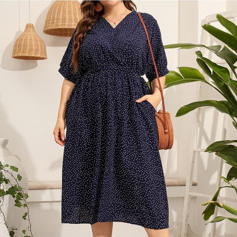 Mid-length Dress Women's Summer Temperament Elegant Polka Dot Holiday Plus-size Dress