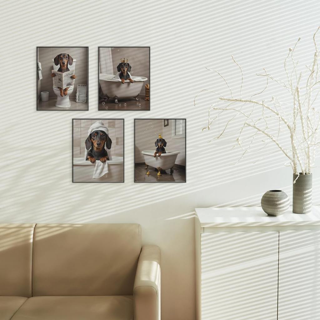 ETVISO Dachshund Bathroom Decor Set of 4, Funny Cute Bathroom Dachshund Dog Wall Art for Home (8x10 Unframed)