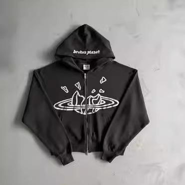 Amerikan retro fermuarlı kazak gotik harf yıldız baskılı kapüşonlu sweatshirt günlük ceket tek parça