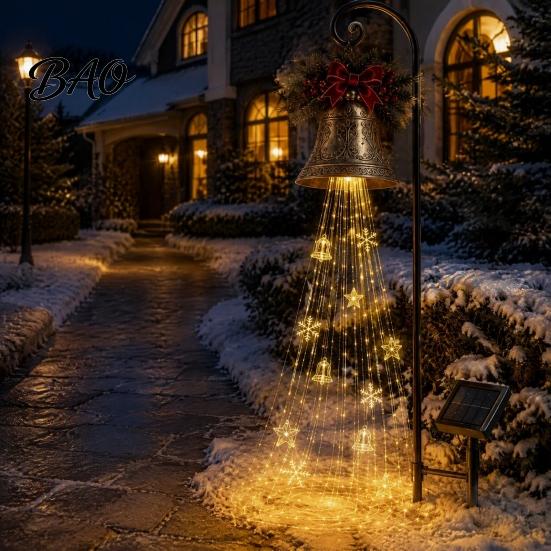 Traditional Holiday Garden Decor Solar Christmas Bell Waterfall Light, LED Metal Stake with Red Ribbon, Automatic Dusk to Dawn Lights Auto On/Off,
