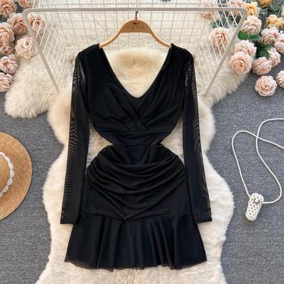 Women Casual Sleeve Long Neck V Solid Color Dress Waist High A Line Sheath Spring Elastic Mini